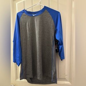 NEW! Nike Men's Pro 3/4 Sleeve Baseball Top GRAY/BLUE SZ LARGE